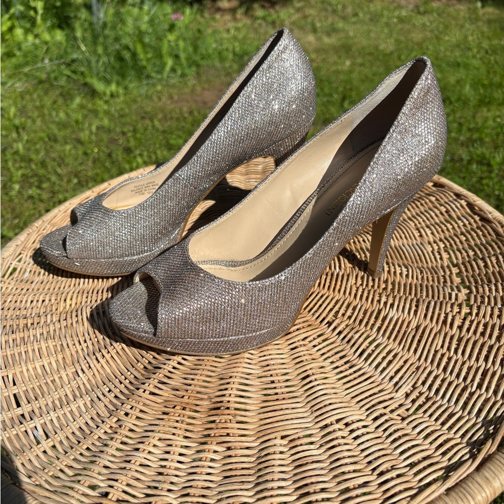 Enzo Angiolini Silver Heels with Peep-Toe Design~Wms 8.5 Medium